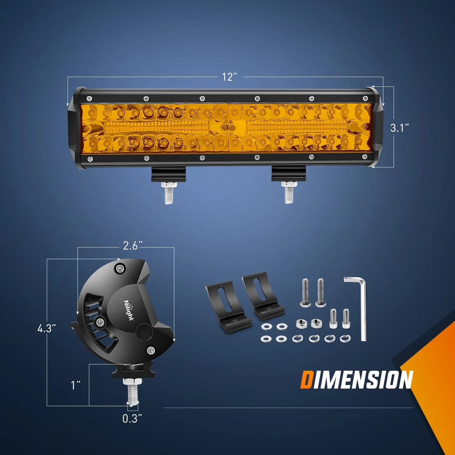 12Inch Amber 300W Triple Row Led Light Bar with 16AWG 5Pin Rocker Switch Wiring Harness Kit 1 Lead