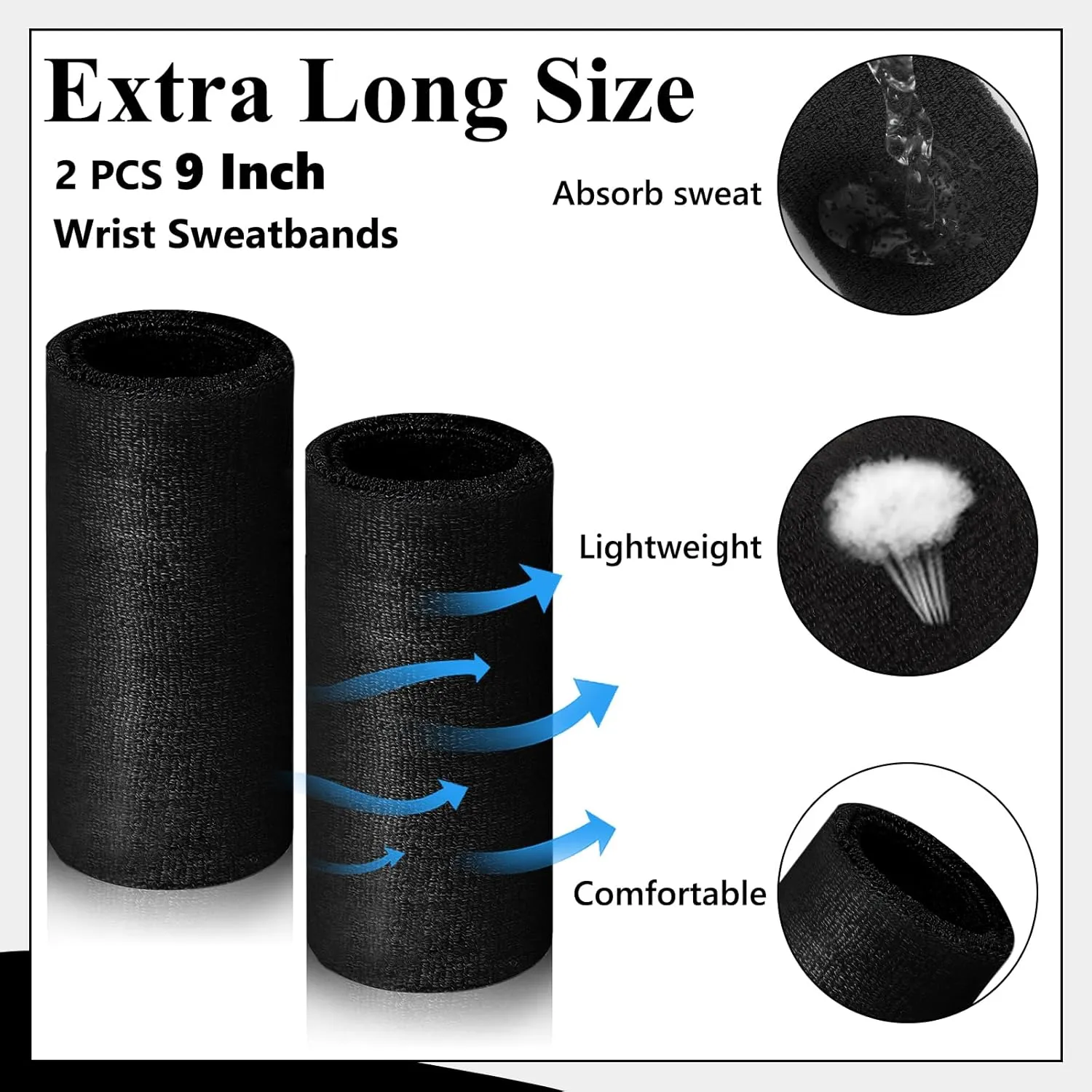 2 Pcs 9 Inch Long Wristbands Sweatbands Black Large Sweat Bands Wristbands Wrist Sweatbands Bulk Arm Sweat Bands for Men Women Weight Loss Football Workout