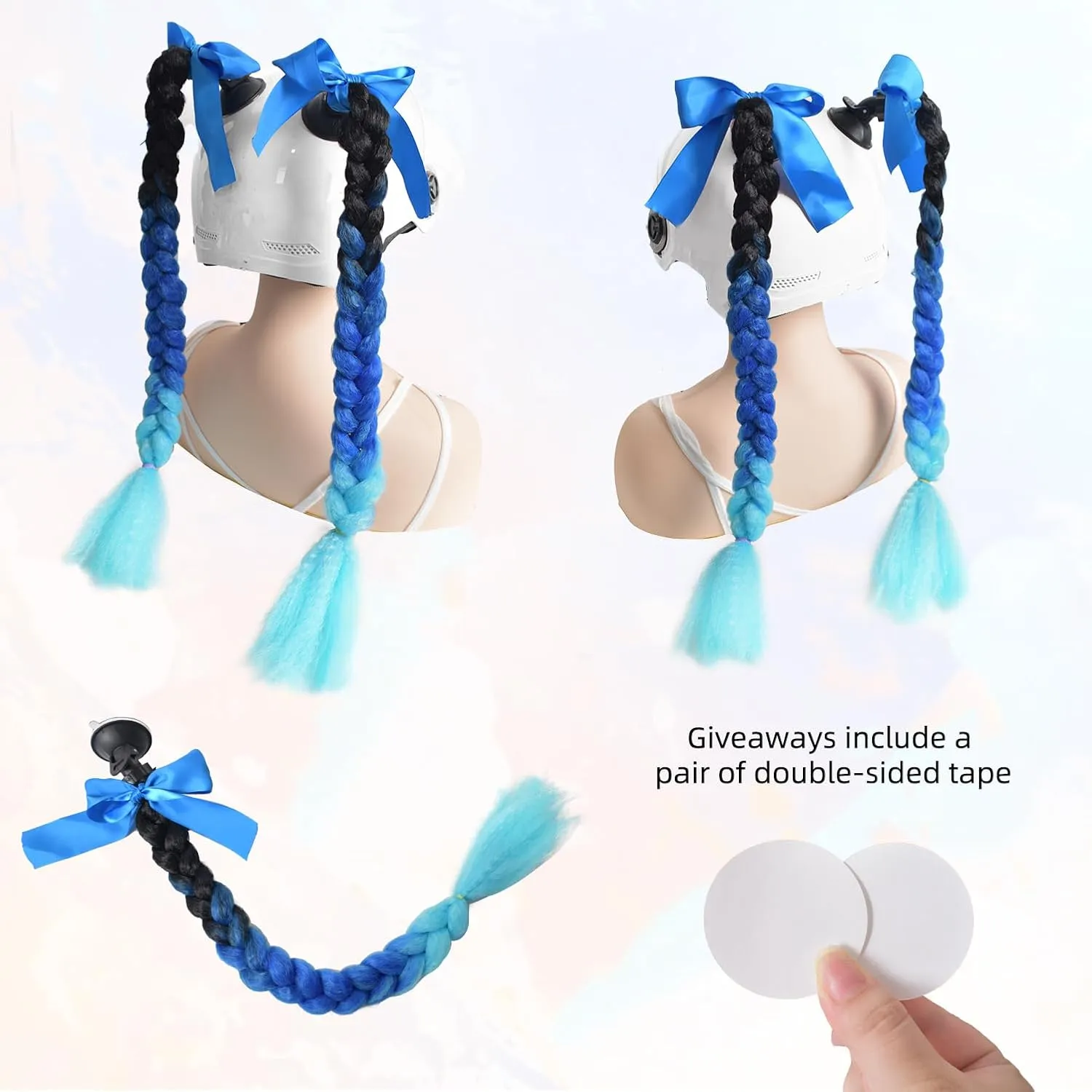 2pc Helmet Pigtail with Detachable Suction Cup Motorcycle Helmet Ski Helmet Ponytail Bicycle Helmet Braids Hair Tails for Any Helmets Decorations 23inch (Helmet not Included)