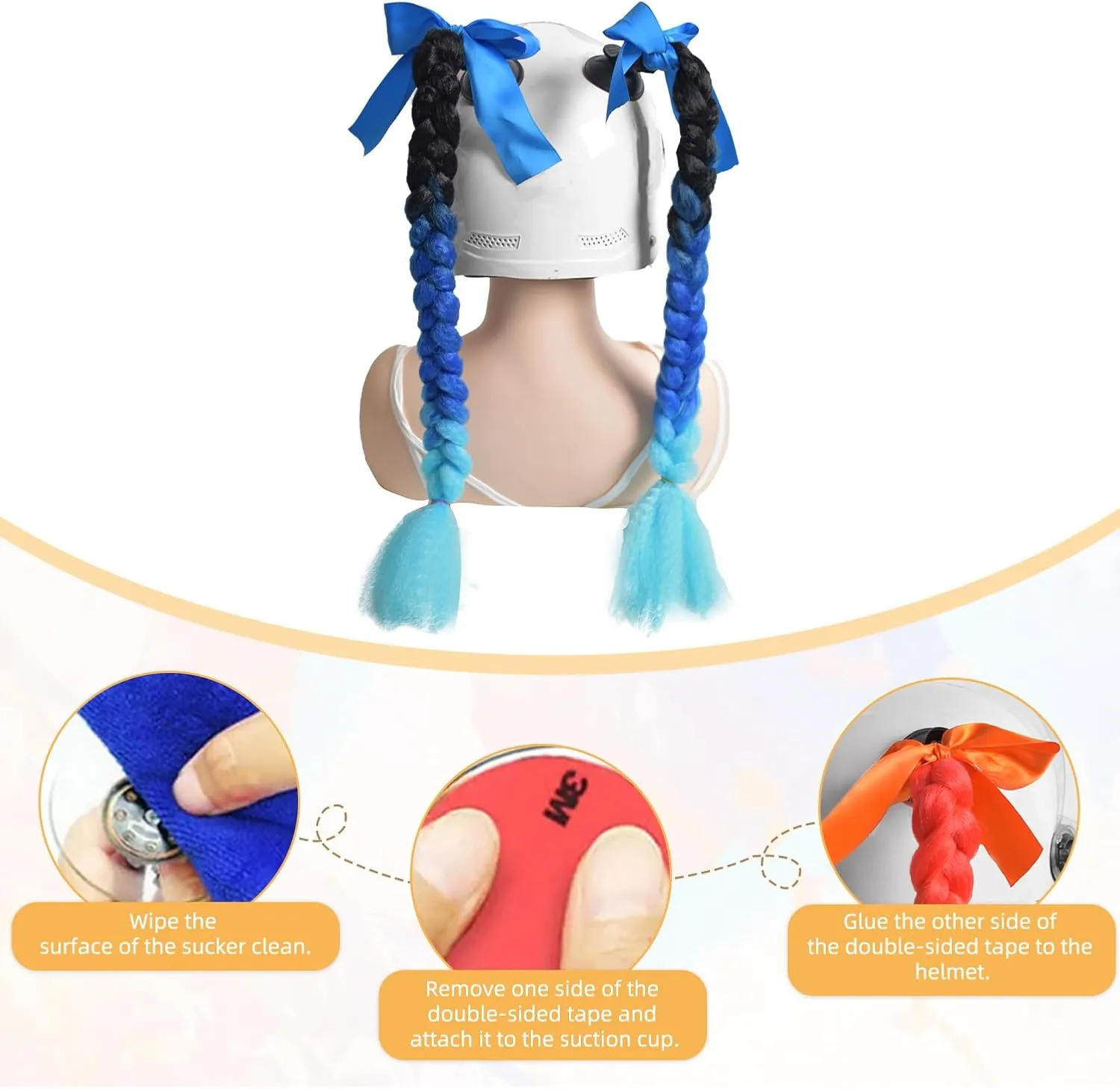 2pc Helmet Pigtail with Detachable Suction Cup Motorcycle Helmet Ski Helmet Ponytail Bicycle Helmet Braids Hair Tails for Any Helmets Decorations 23inch (Helmet not Included)