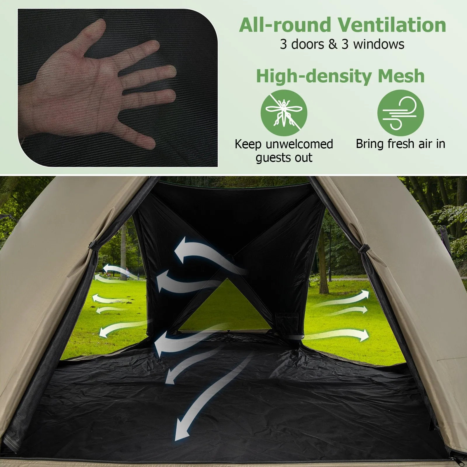 6-Sided Family Tent with Rainfly, Skylight, 3 Doors, 3 Windows-Olive Green