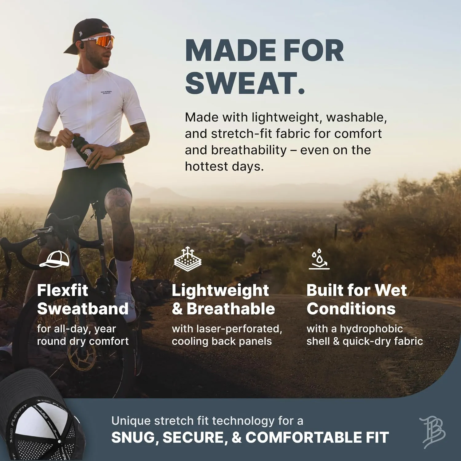 Branded Bills Bare Performance Hat, with Flexfit Sweatband, Adjustable Snapback, Comfort Stretch, Quick Dry, Water Repellent