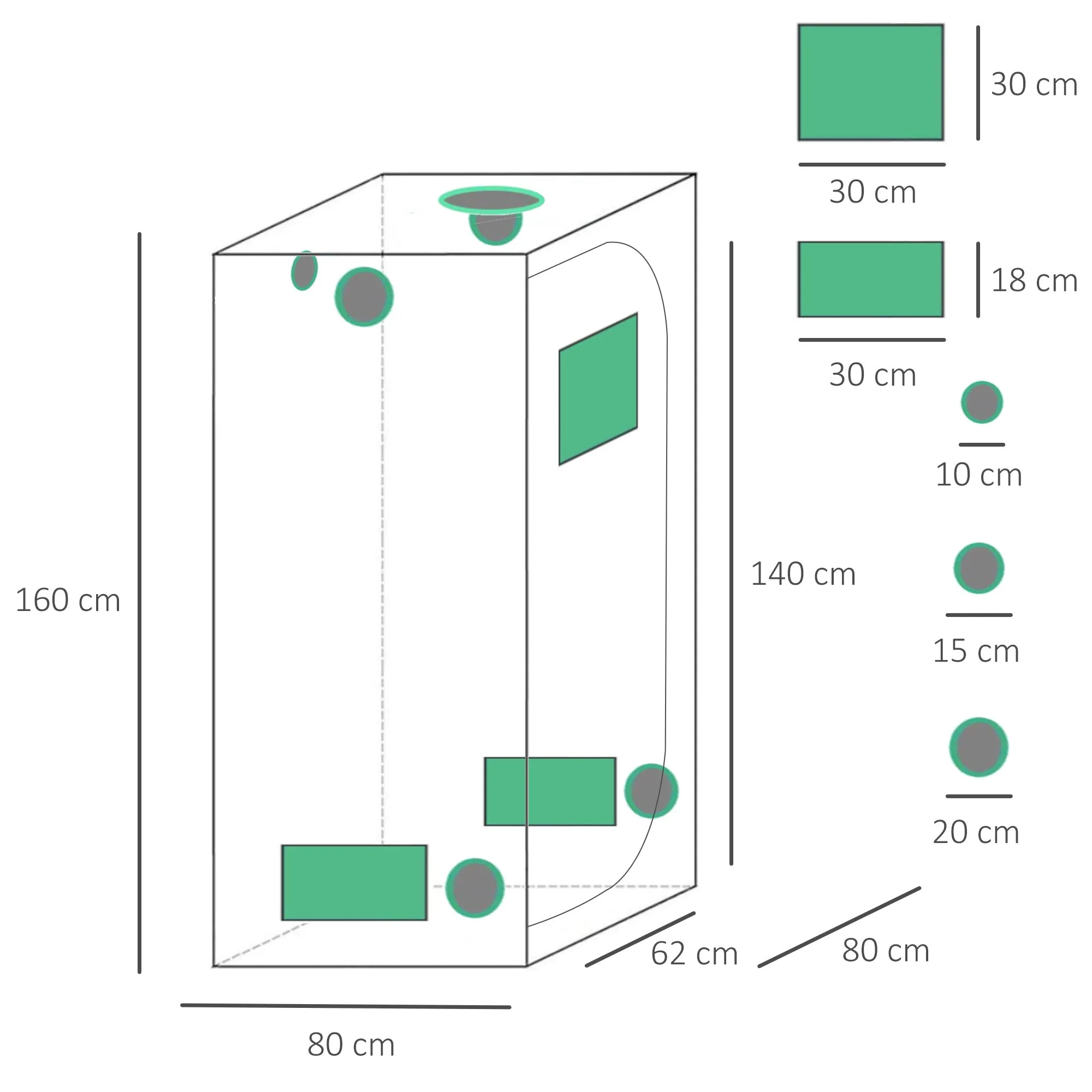 Hydroponic Plant Grow Tent 80L x 80W x 160Hcm-Black/Green