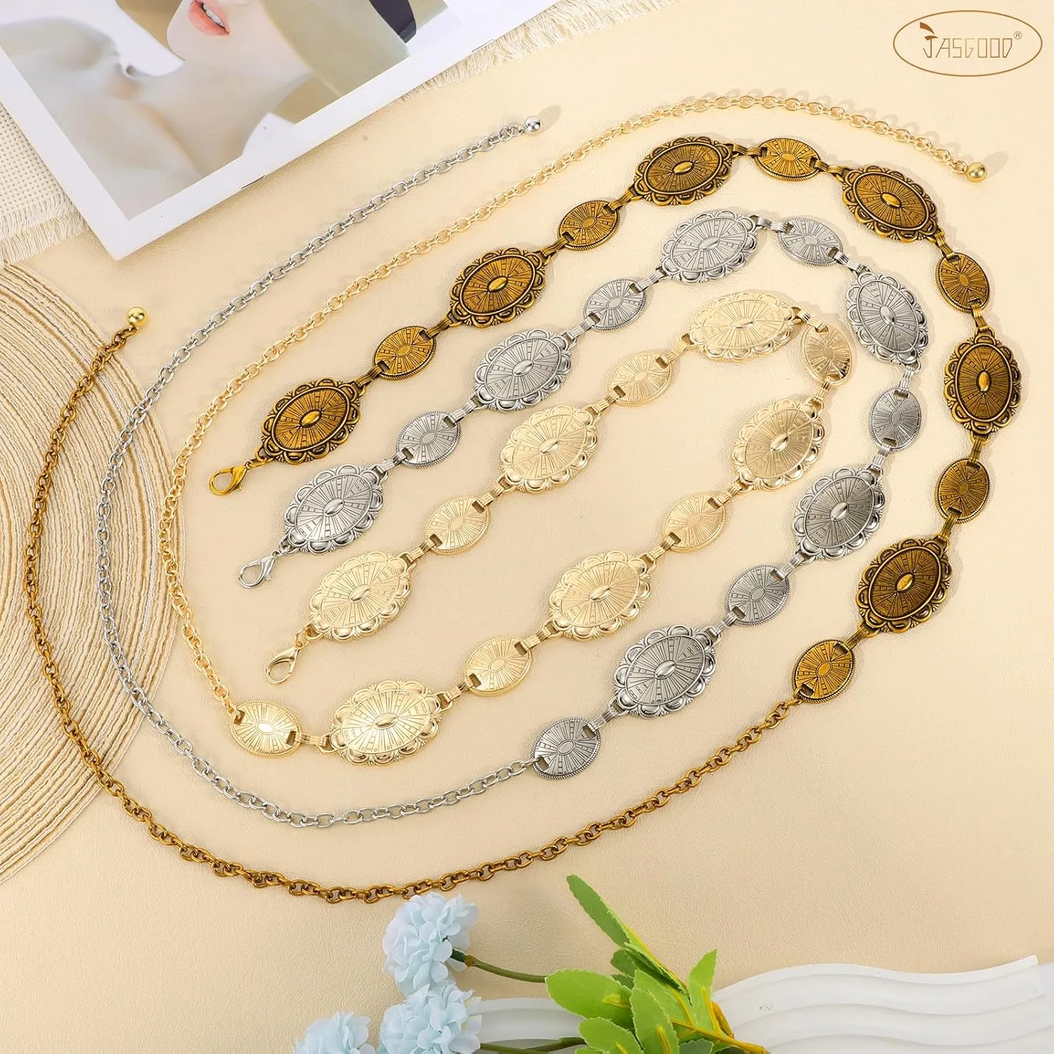 JASGOOD Western Concho Belt Women Cowgirl Metal Belts Boho Waist Link Chain Country Concert Outfit for Dress