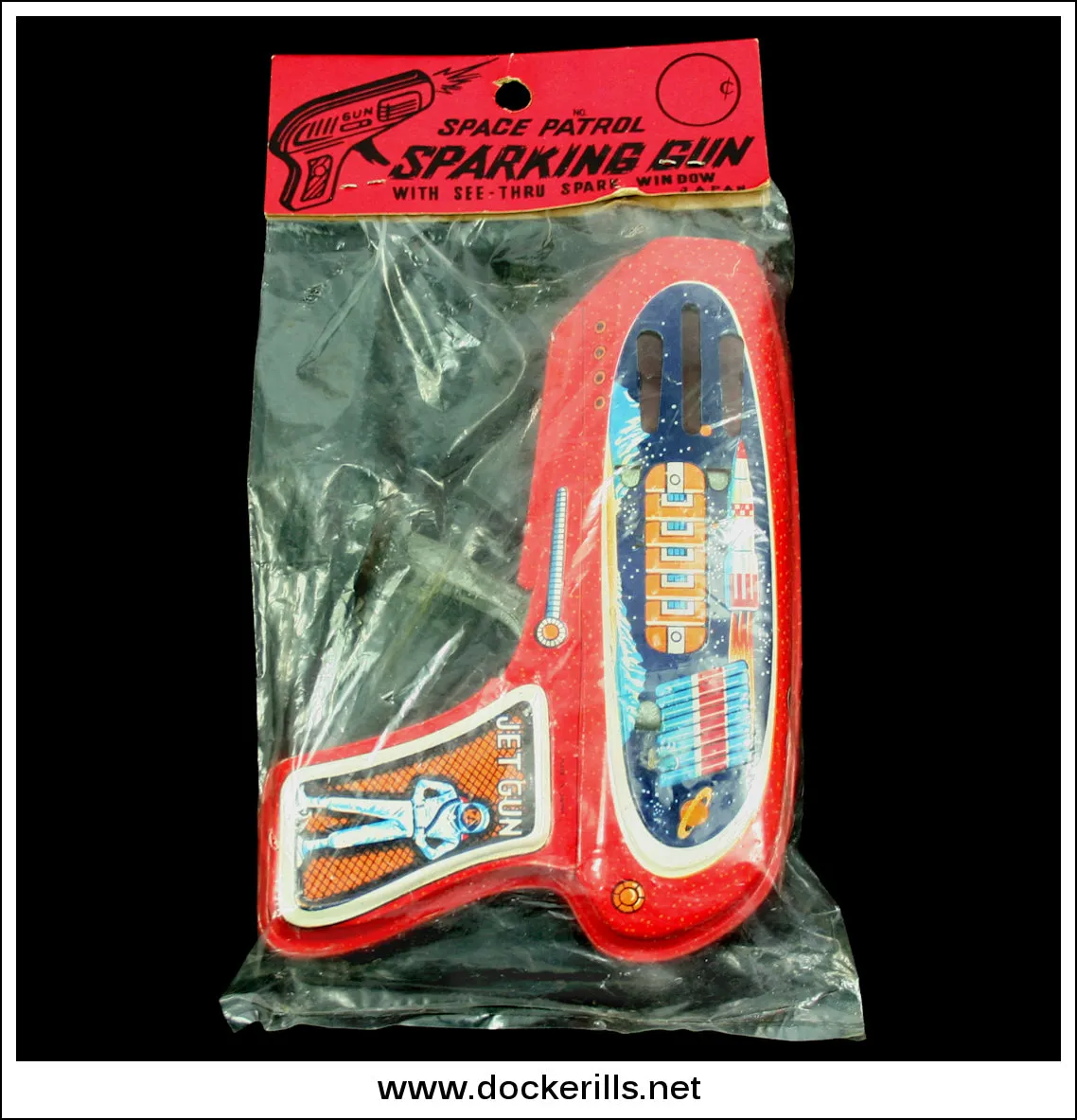 Jet Gun In Original Packaging. Vintage Tin Plate Toy Space Ray Gun, Takatoku, Japan.