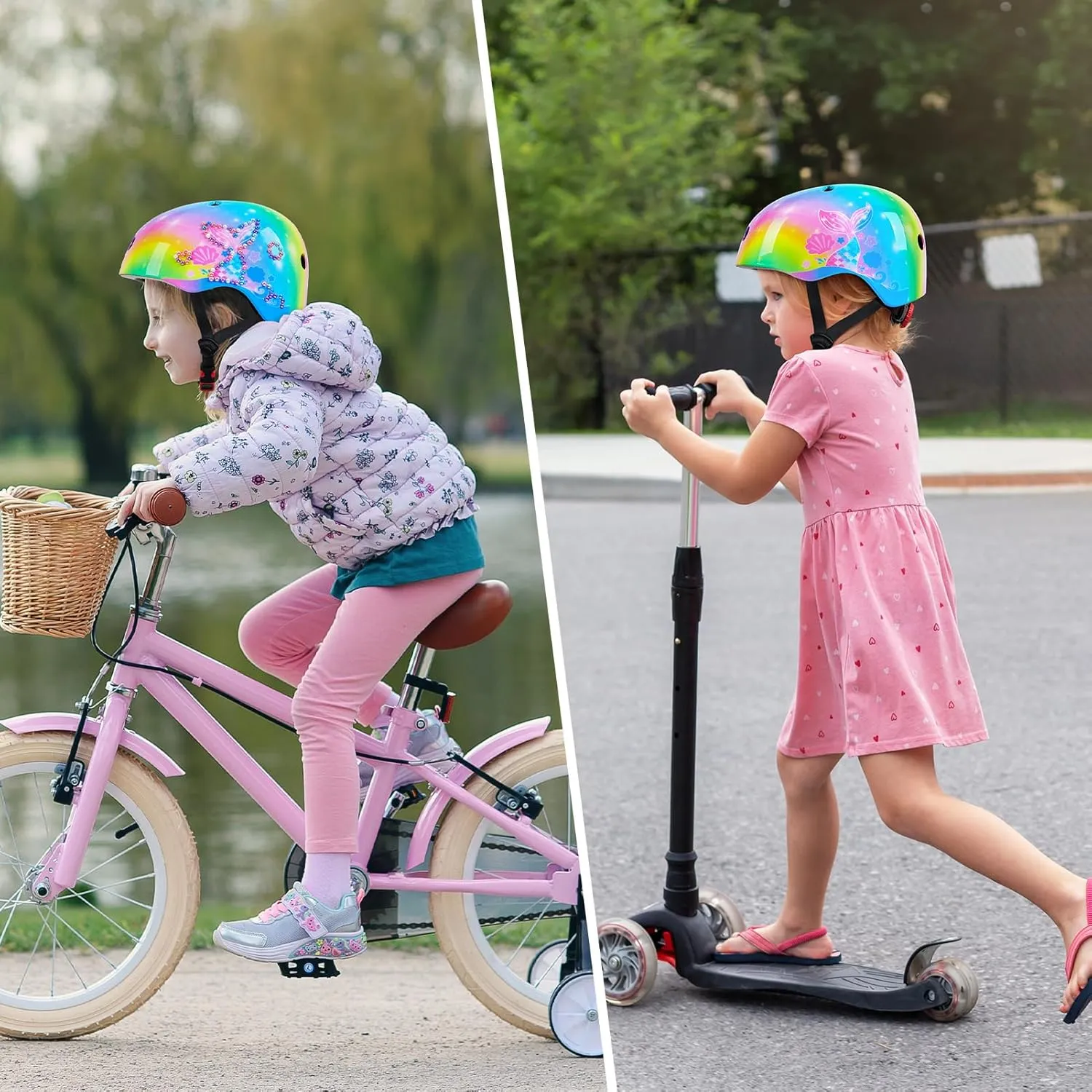 Kids Bike Helmet Adjustable Youth Toddler Helmet with DIY Stickers for Girls Age 3-5-8-14 Years for Bicycle Scooter Skateboard Roller Skating