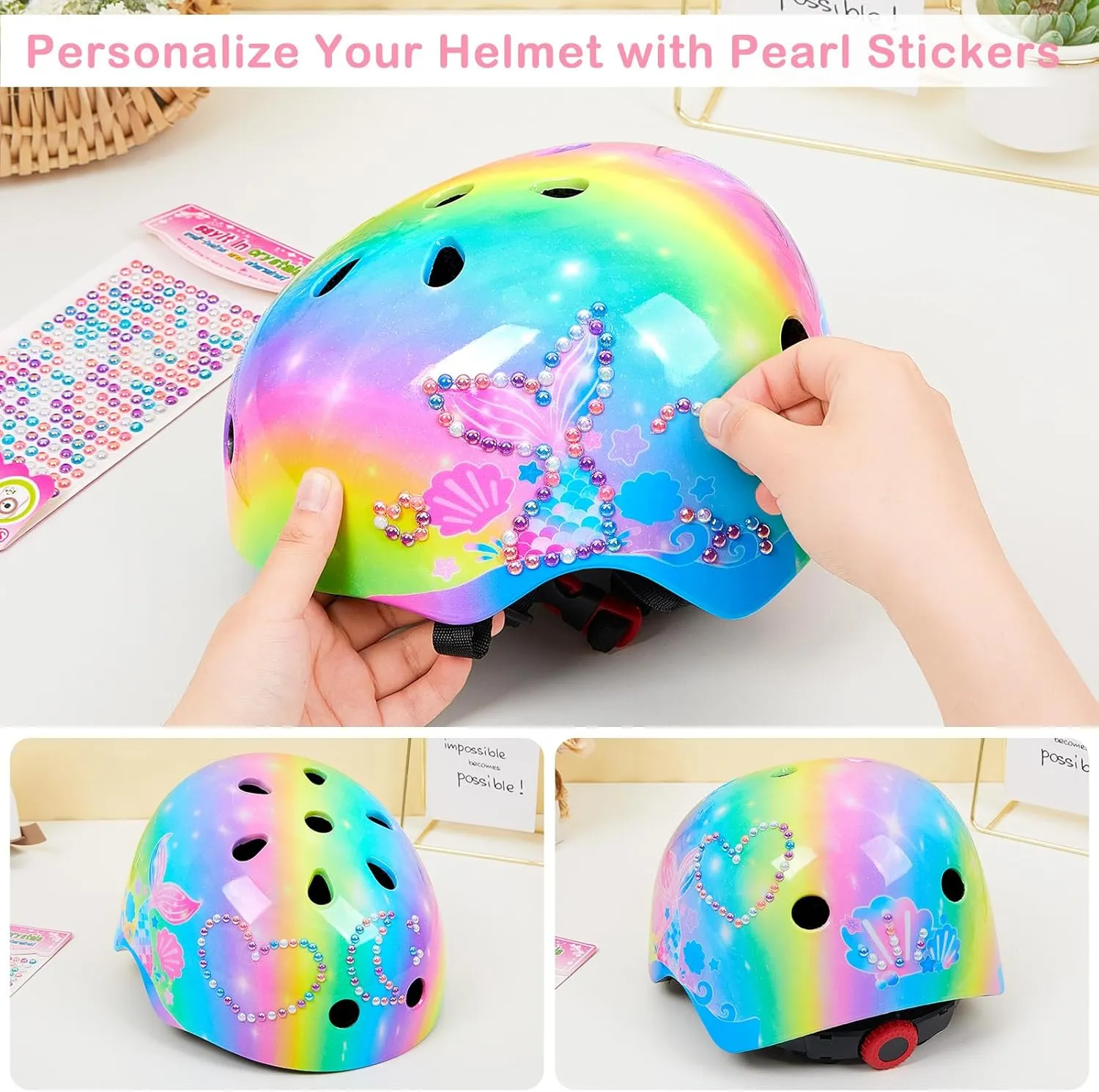 Kids Bike Helmet Adjustable Youth Toddler Helmet with DIY Stickers for Girls Age 3-5-8-14 Years for Bicycle Scooter Skateboard Roller Skating