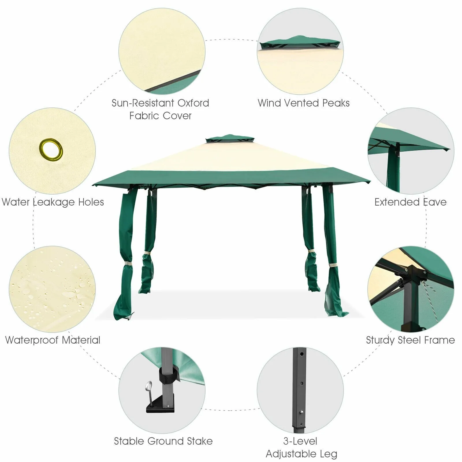 Large Adjustable Height Gazebo Canopy Patio Shelter-Green