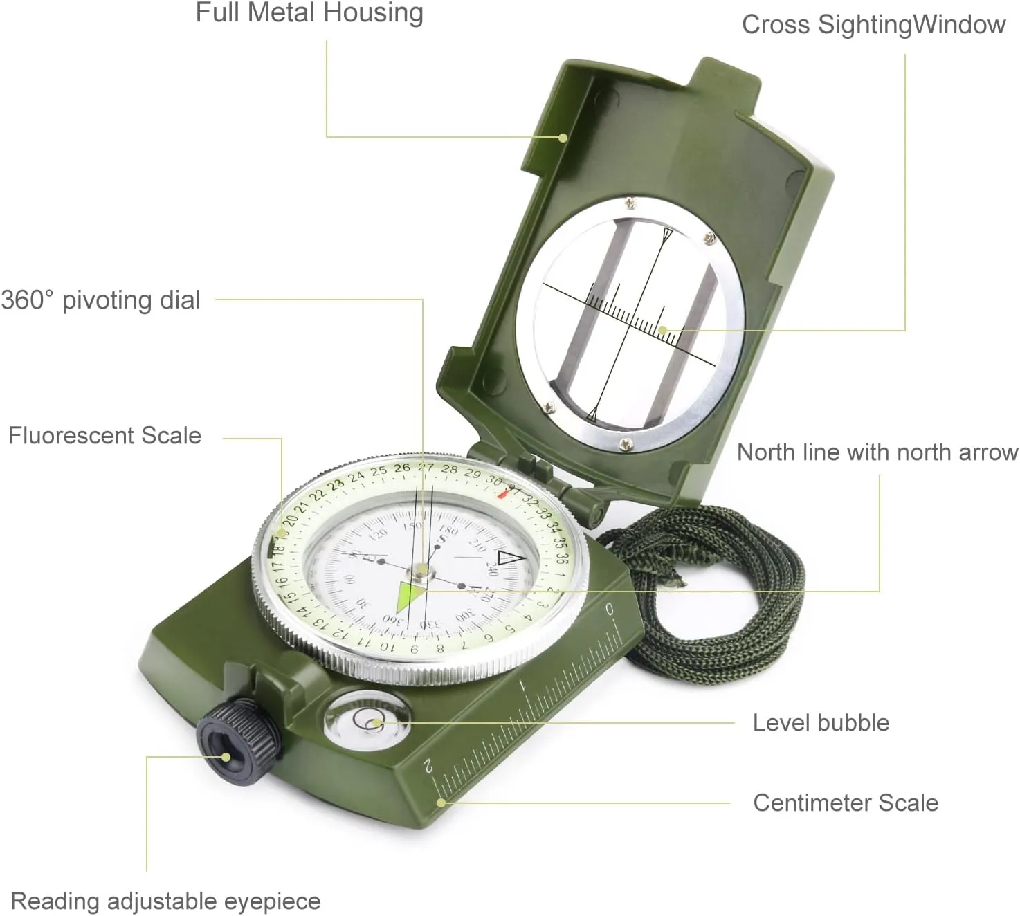 Military Compass, Hiking Compass for Survival with Lensatic Sighting, Luminous Navigation Compass Waterproof for Backpacking Orienteering Camping