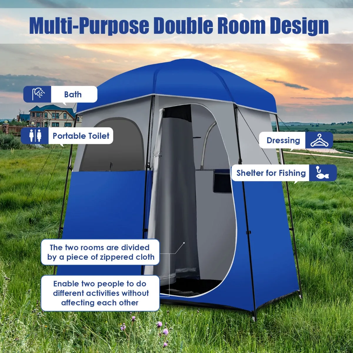 NNECW Double-Room Camping Shower Toilet Tent with Floor for Outdoor