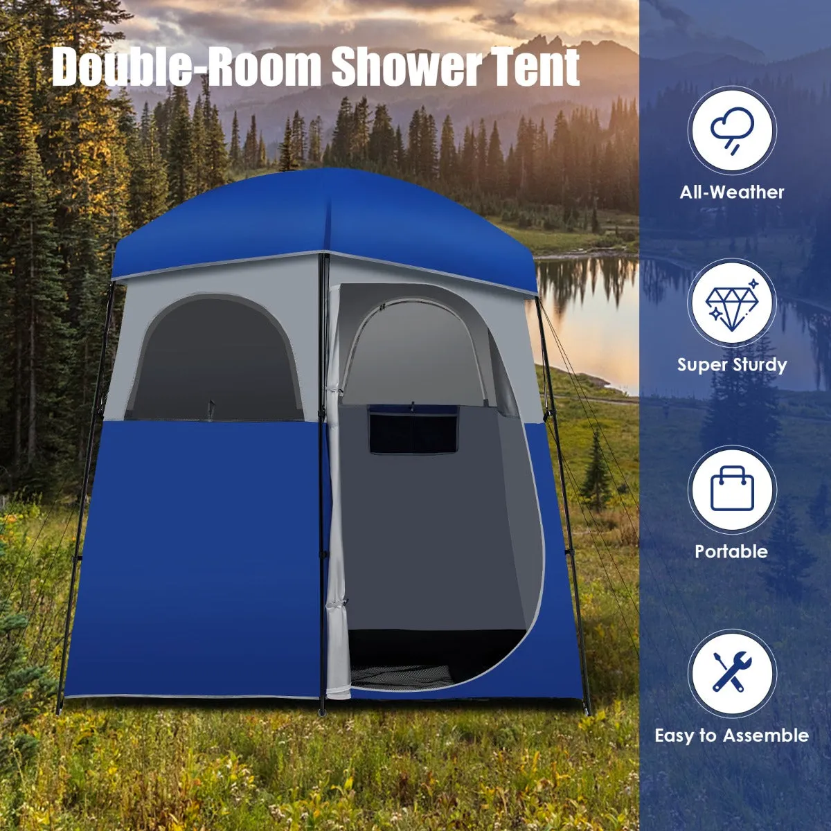 NNECW Double-Room Camping Shower Toilet Tent with Floor for Outdoor