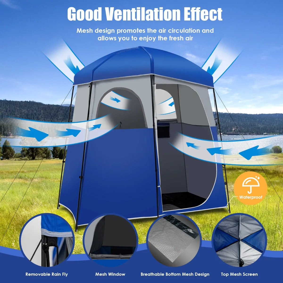 NNECW Double-Room Camping Shower Toilet Tent with Floor for Outdoor