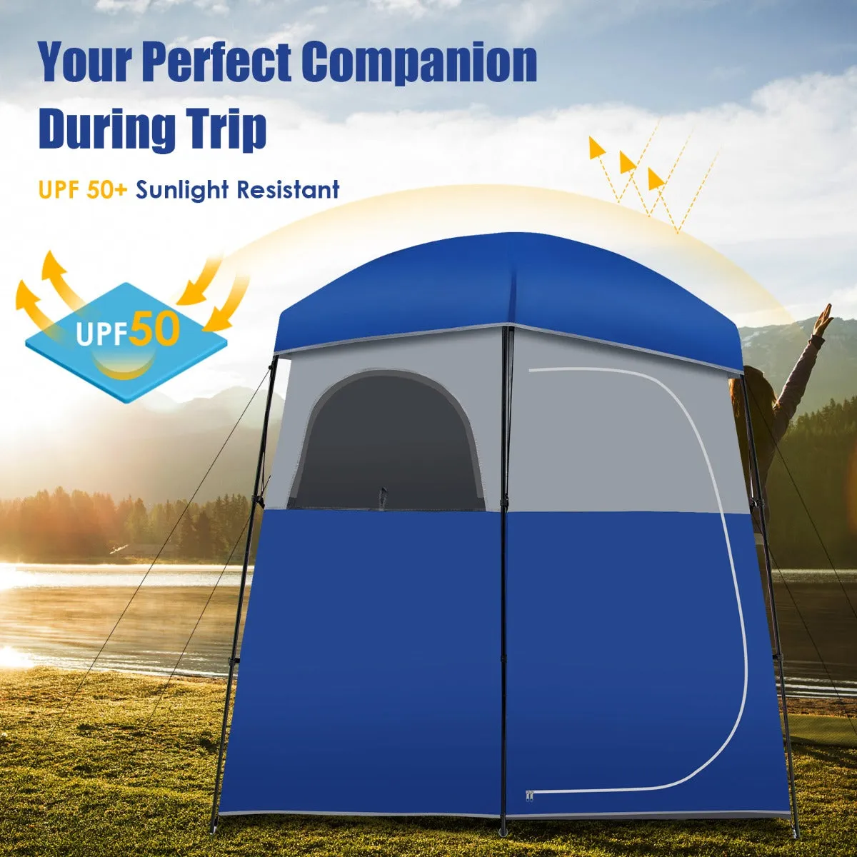 NNECW Double-Room Camping Shower Toilet Tent with Floor for Outdoor