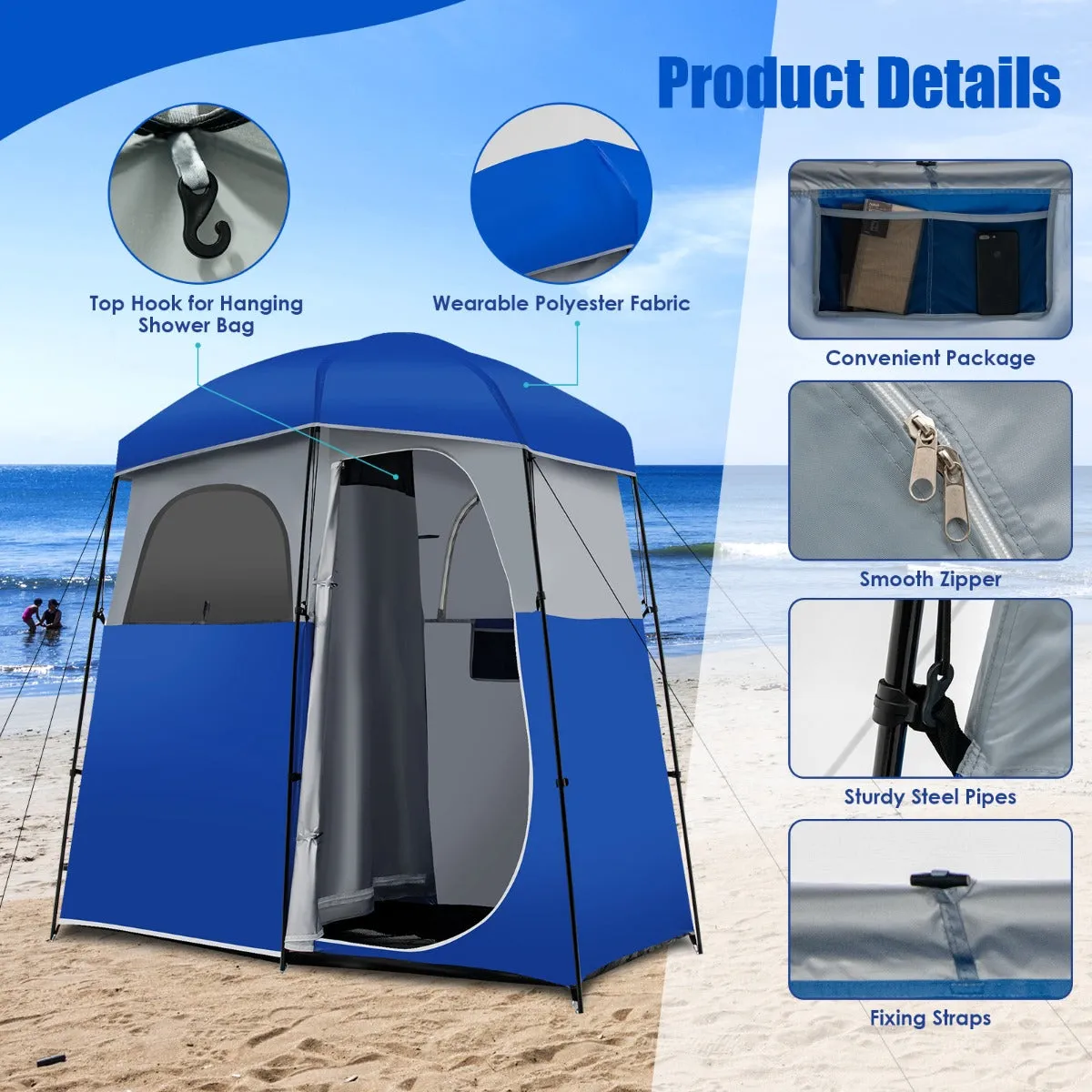NNECW Double-Room Camping Shower Toilet Tent with Floor for Outdoor