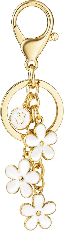 SELOVO Initial Keychain White/Pink Flower Charms for Key Cute Letter Keyring for Handbag Backpack