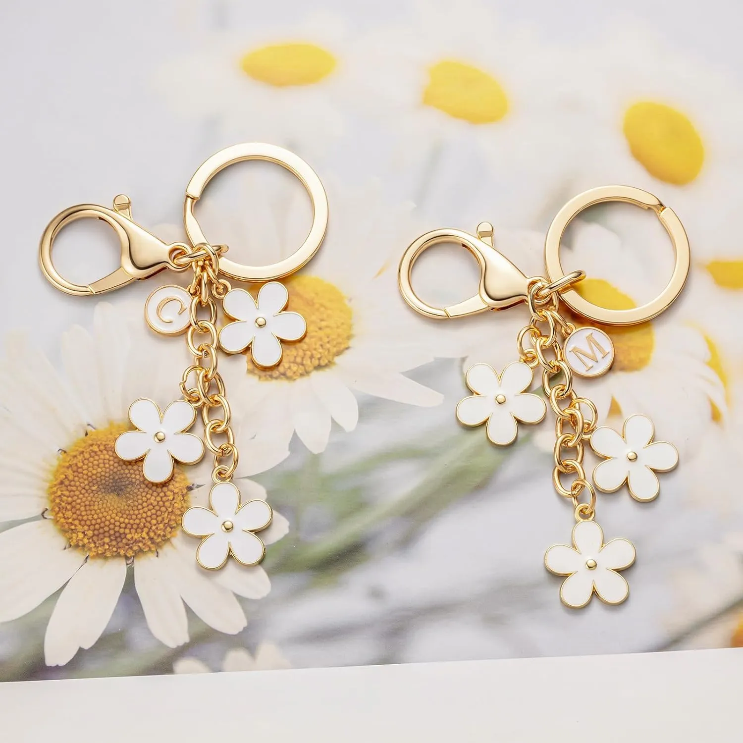 SELOVO Initial Keychain White/Pink Flower Charms for Key Cute Letter Keyring for Handbag Backpack
