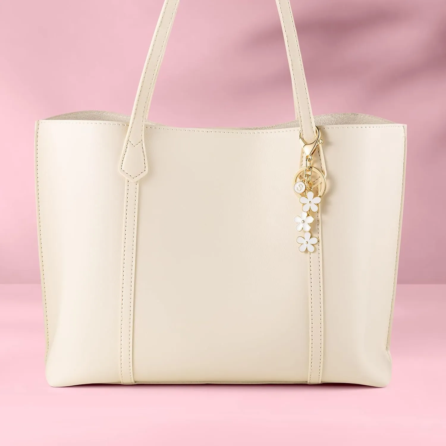 SELOVO Initial Keychain White/Pink Flower Charms for Key Cute Letter Keyring for Handbag Backpack